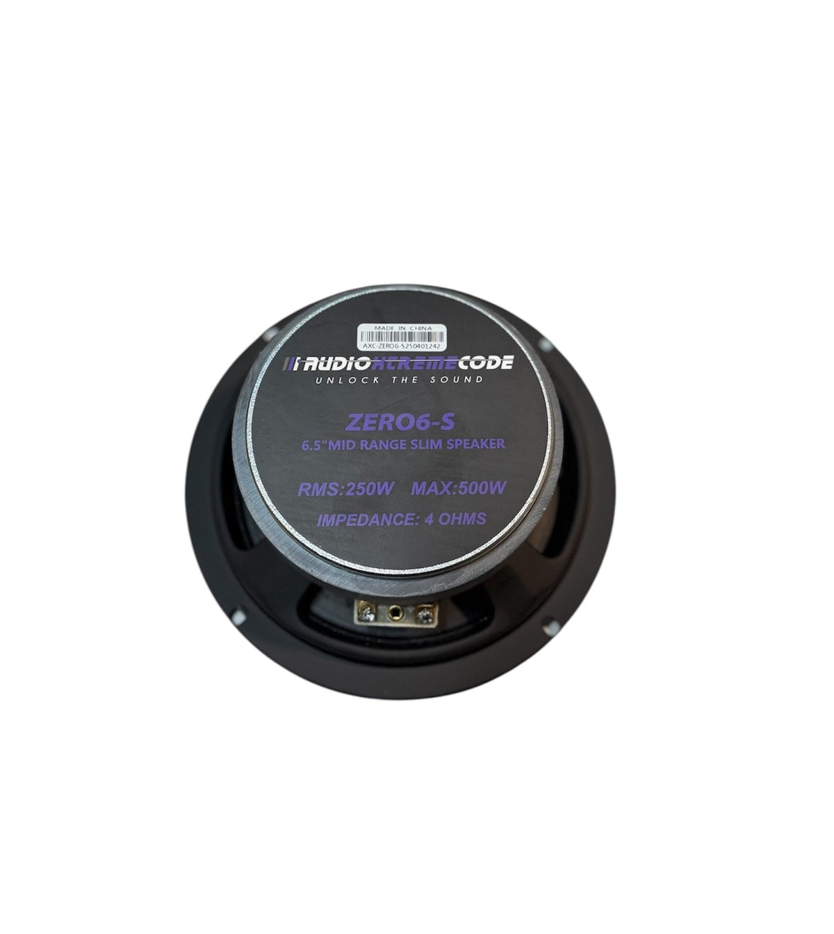 6.5-inch slim midrange speaker back cover with specs label and dual gold terminals