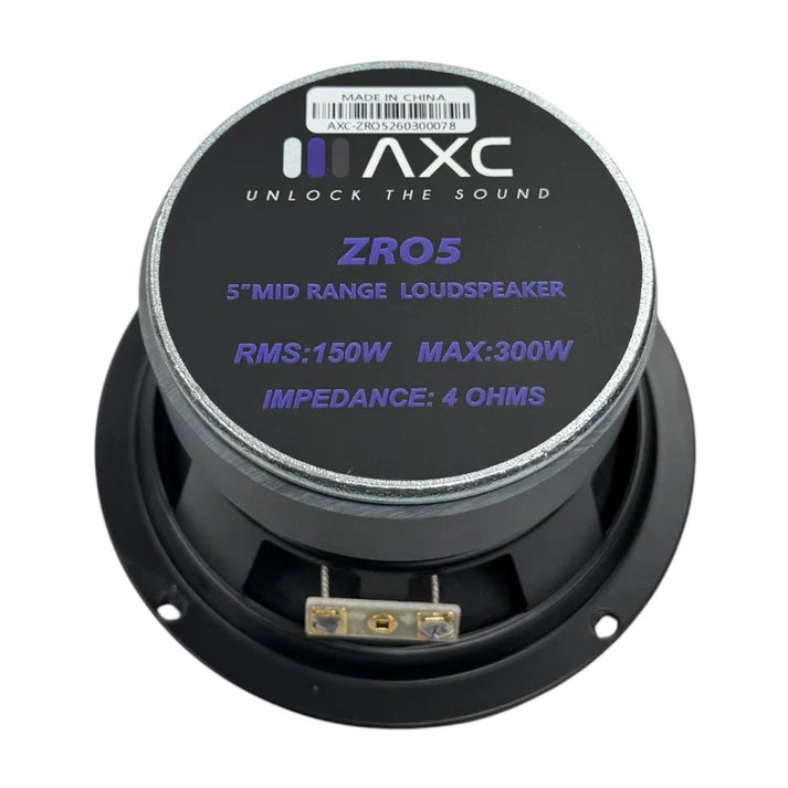 5.25-inch midrange speaker rear with spec label and black frame