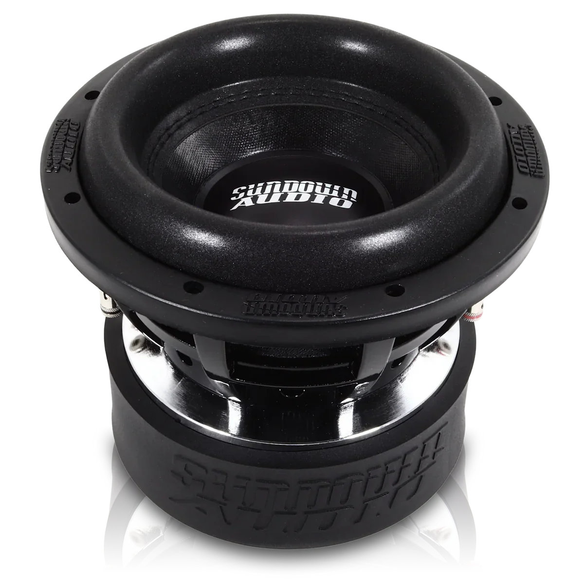 8-inch subwoofer speaker with black cone and vented basket, front view