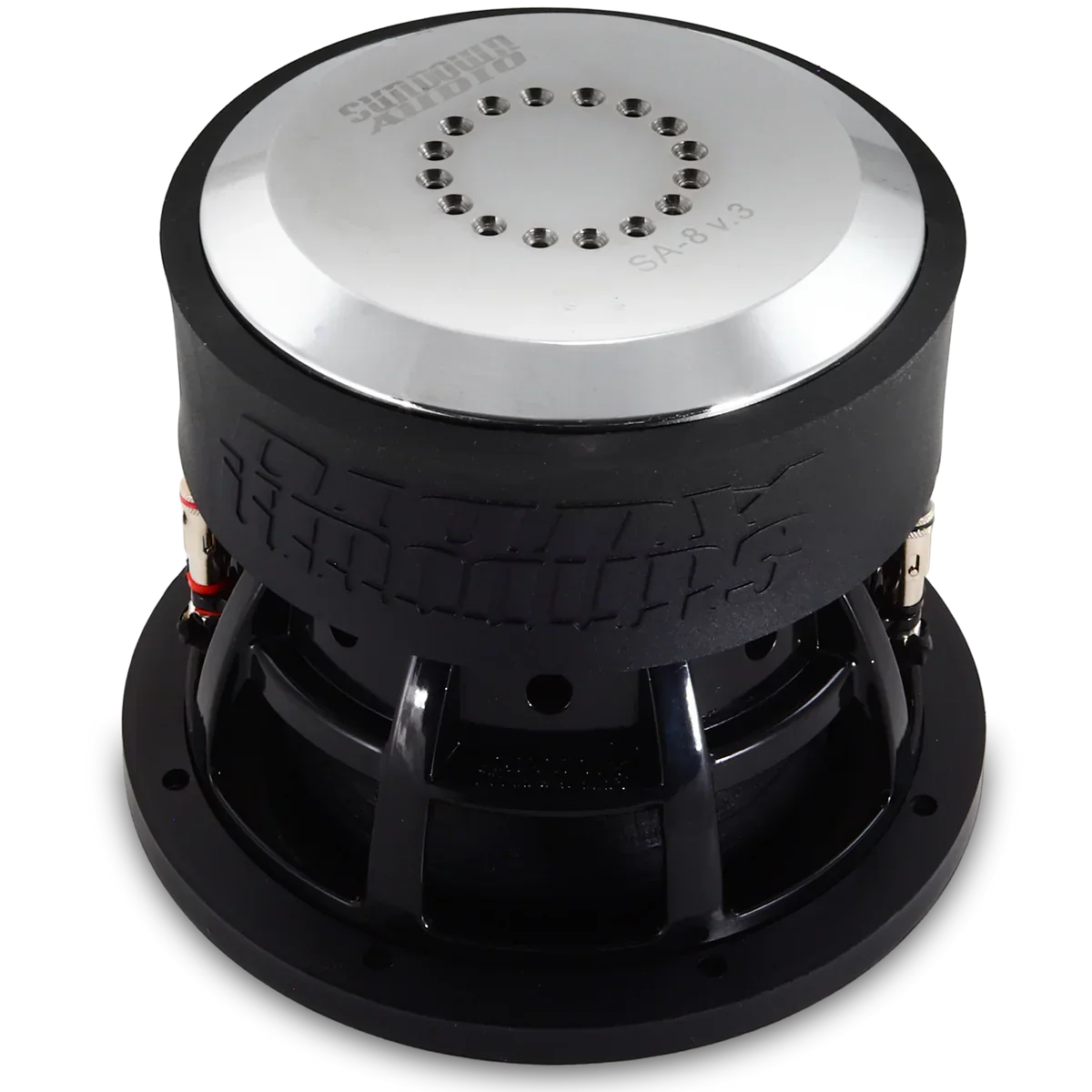 8-inch subwoofer with silver top plate and black rubber surround, close-up