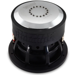 8-inch subwoofer with silver top plate and black rubber surround, close-up