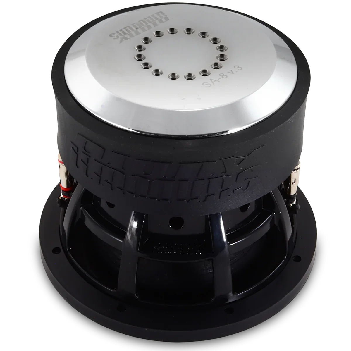 Black subwoofer backplate with metal mounting plate and screw holes