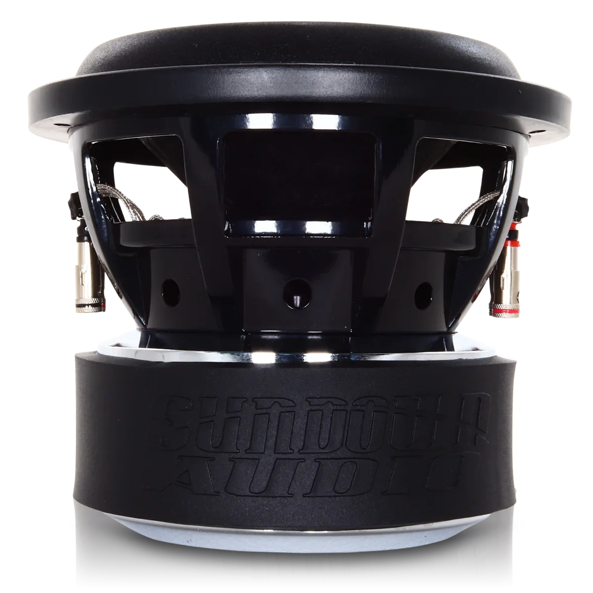 8-inch subwoofer driver with black frame and visible metal terminals