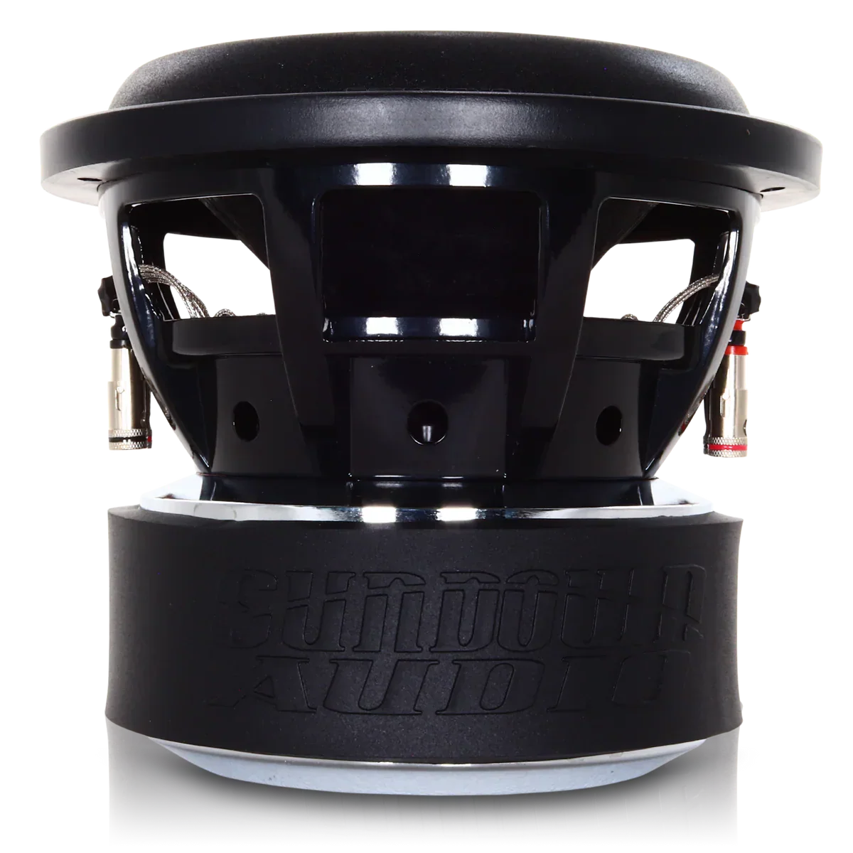 Dual 8-inch subwoofer driver assembly with black cone and metal mounting plate
