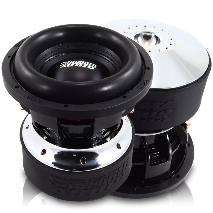 Black and silver 10" competition subwoofer driver with vented basket and cone