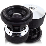 Black and silver 10" competition subwoofer driver with vented basket and cone