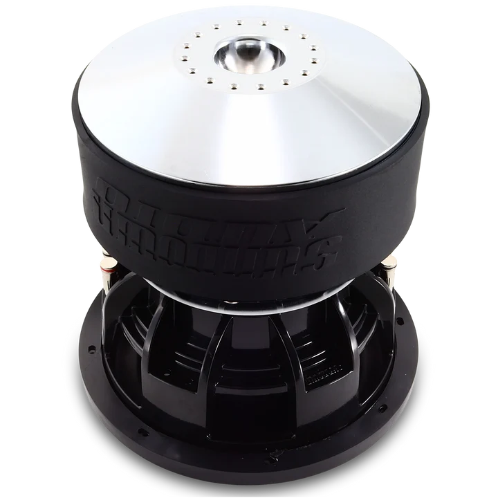 Black and silver subwoofer driver with large silver top plate and vented grille
