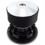 Black and silver subwoofer driver with large silver top plate and vented grille