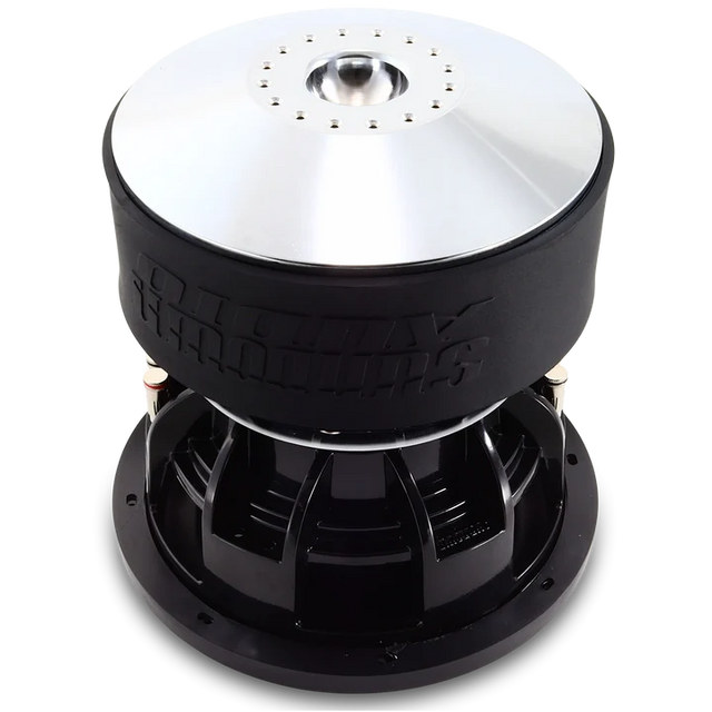 Black and silver subwoofer driver with large silver top plate and vented grille