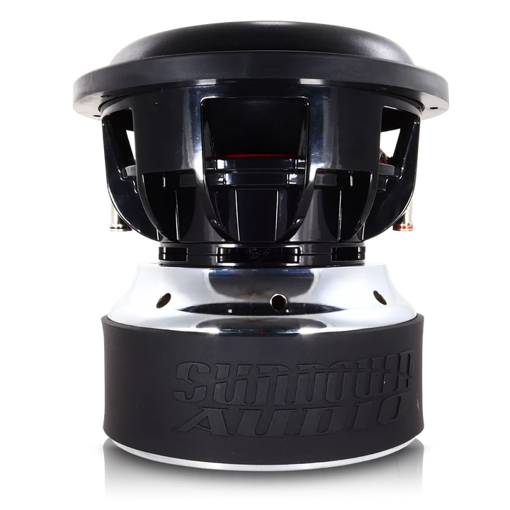 Front view of a black and silver subwoofer driver with central cone opening