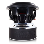 Front view of a black and silver subwoofer driver with central cone opening