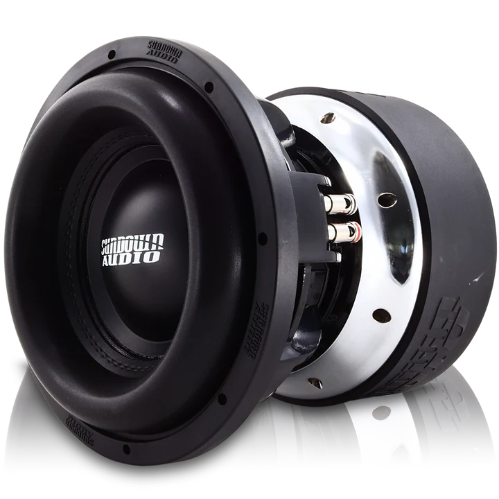 Side view of a black and silver subwoofer driver with rubber surround and terminals