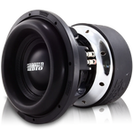 Side view of a black and silver subwoofer driver with rubber surround and terminals