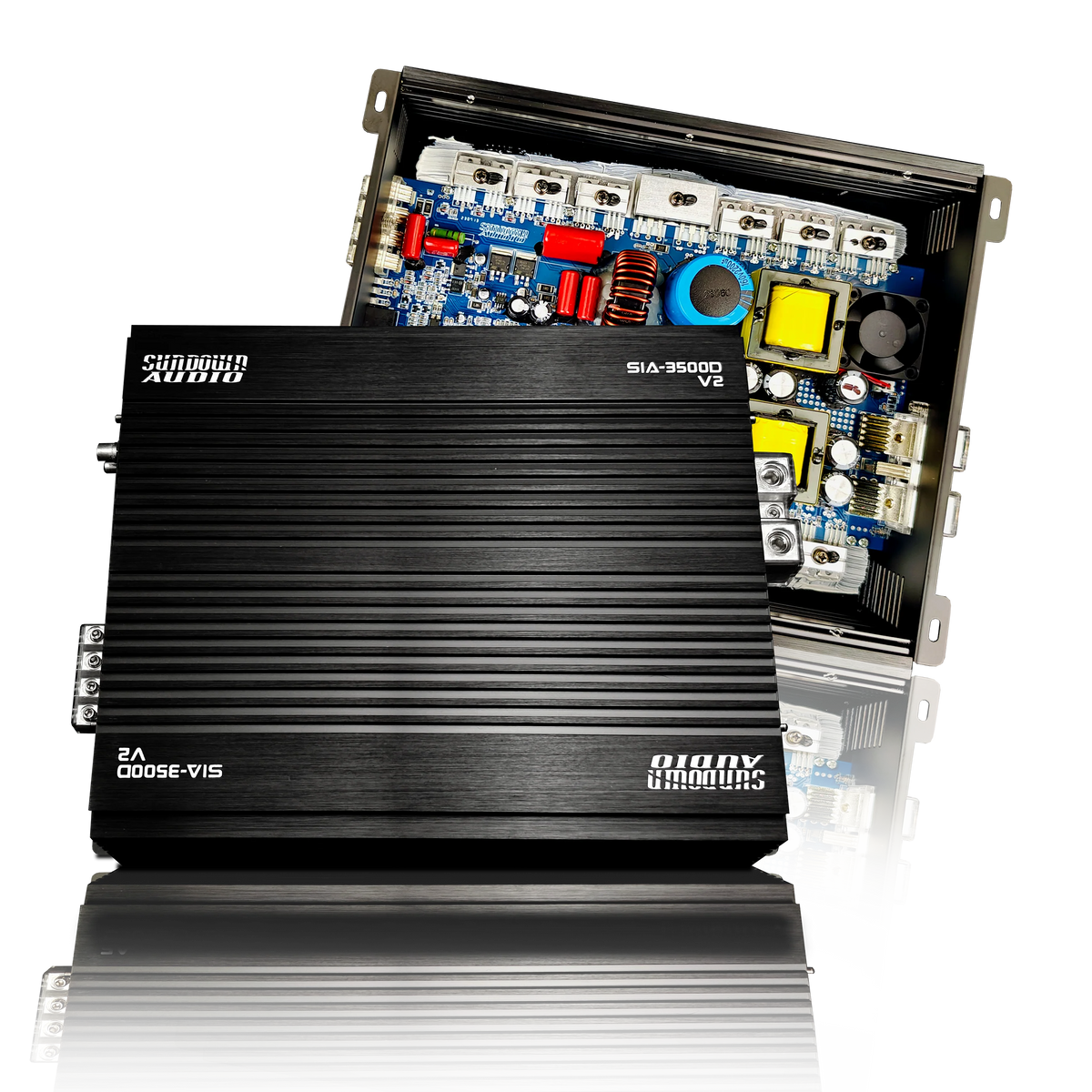 Mono amplifier front/side view showing black ribbed cover and connector hardware