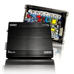 Mono amplifier front/side view showing black ribbed cover and connector hardware