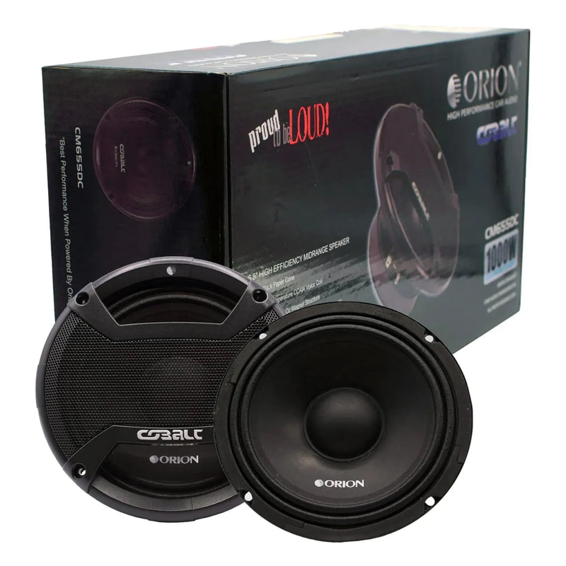 Pair of black 6.5-inch car midrange speakers with grilles and speaker cones