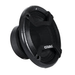 Black car midrange speaker with textured grille, mounting tabs, and central cone