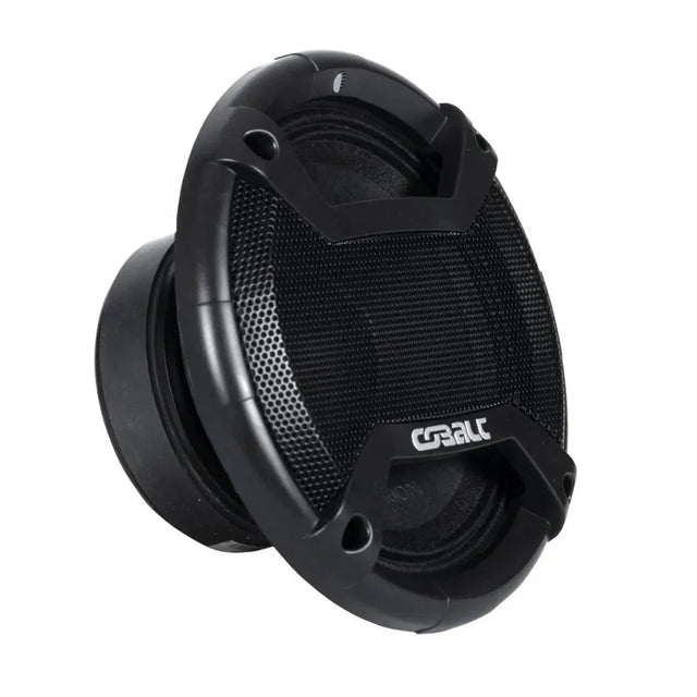 Black car midrange speaker with textured grille, mounting tabs, and central cone