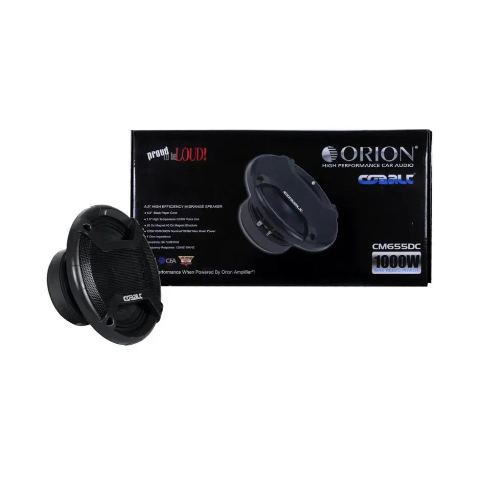 Black car midrange speaker pair with box packaging and visible speaker driver