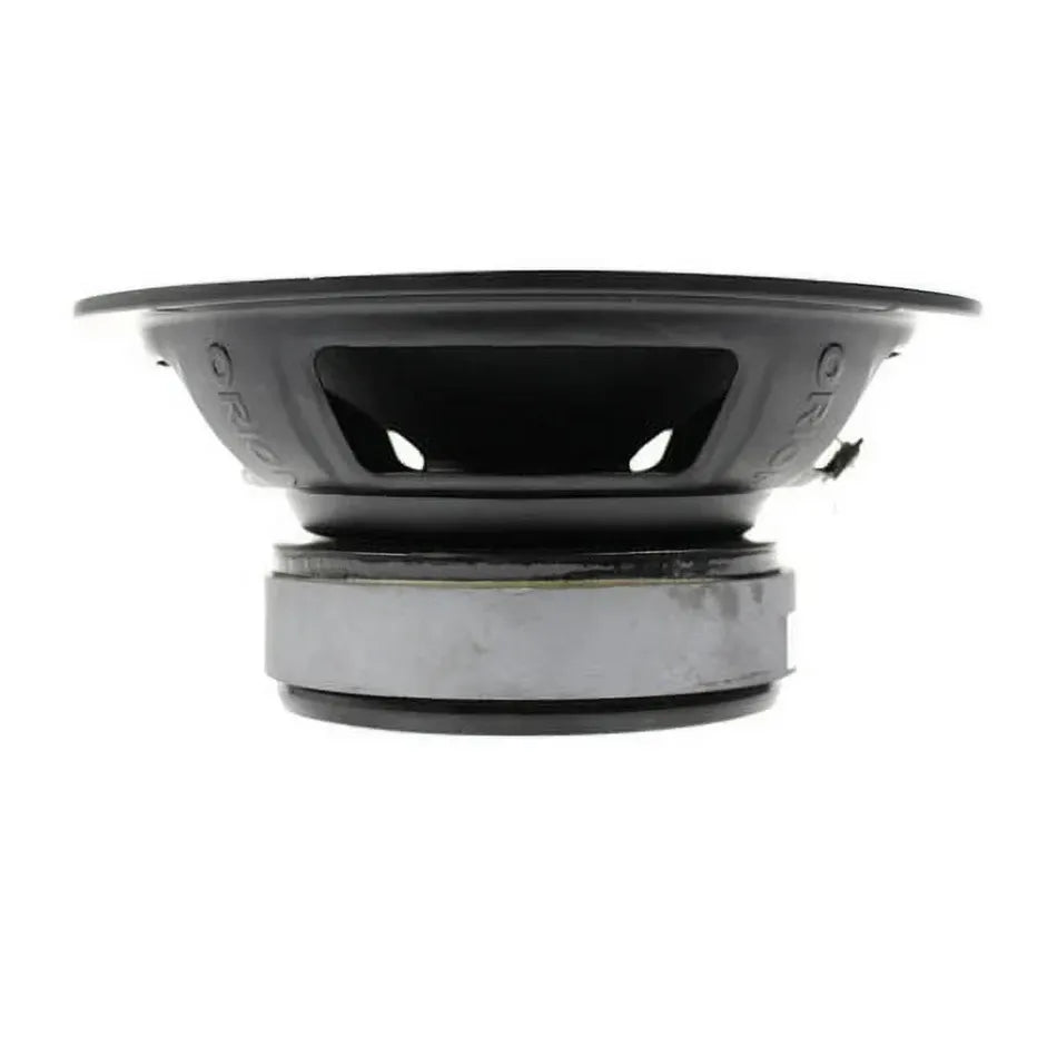 Side view of black speaker driver showing basket and mounting flange