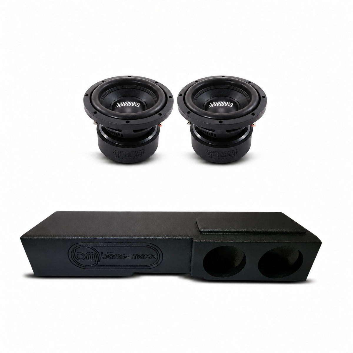 Sundown Audio dual 8-inch subwoofer box combo with two black speaker drivers