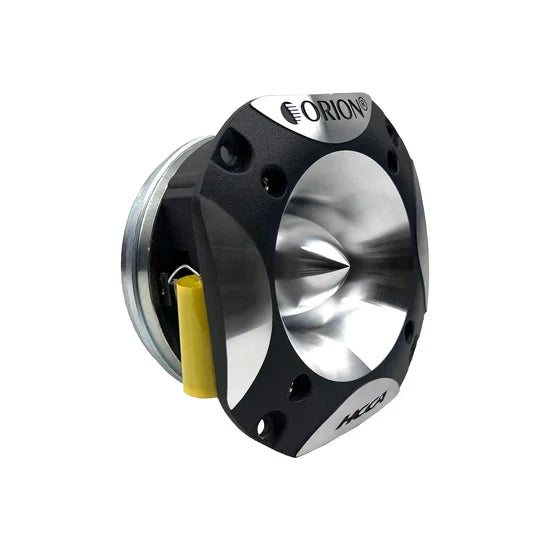 Neodymium bullet tweeter side view with silver metal housing and black rear bracket