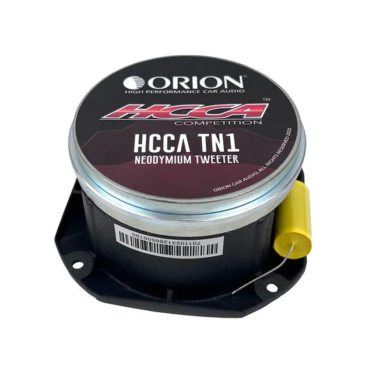 Neodymium bullet tweeter top label with ORION HCCA TN1 and yellow terminal
