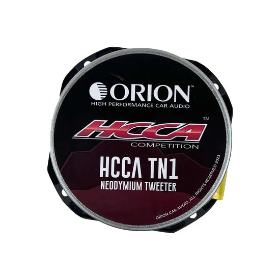 Neodymium bullet tweeter label with ORION HCCA TN1 and high performance car audio text