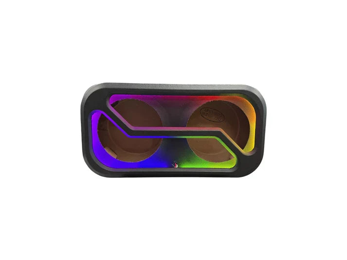 RGB LED light panel with multicolor curved light bars in dark housing