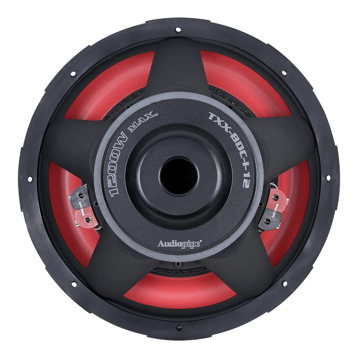 Black car subwoofer with red segmented surround and center dust cap badge.