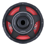 Black car subwoofer with red segmented surround and center dust cap badge.