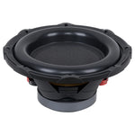 Black subwoofer basket and mounting flange with exposed red terminals on the side.