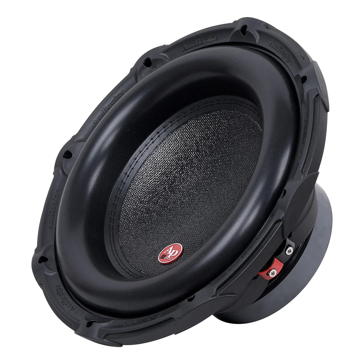 Black car subwoofer with textured grille cone and red terminal accents on the frame.