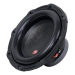 Black car subwoofer with textured grille cone and red terminal accents on the frame.