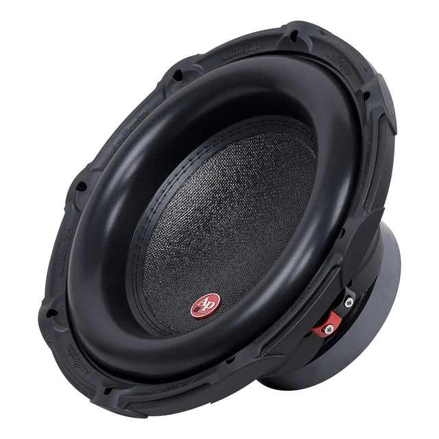 Black car subwoofer with textured grille cone and red terminal accents on the frame.