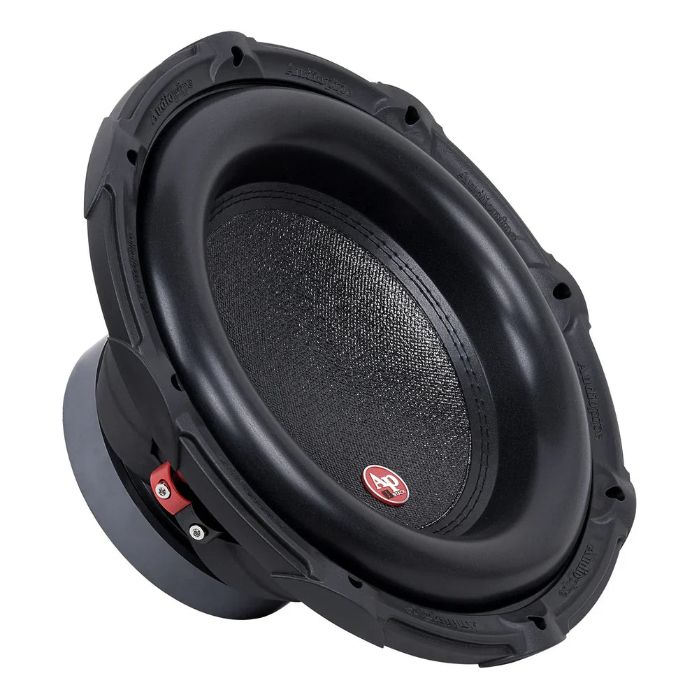 Black car subwoofer with textured cone and dust cap, showing red connection terminals.