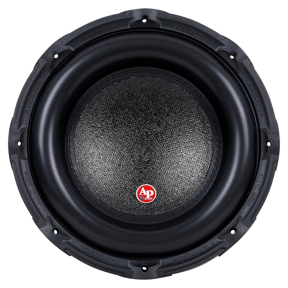Black car subwoofer with textured cone and center badge, viewed from the front.
