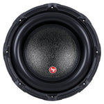 Black car subwoofer with textured cone and center badge, viewed from the front.