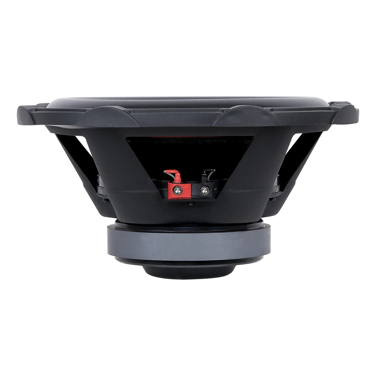 Car subwoofer rear with mounting cutout and wiring terminals with red caps.