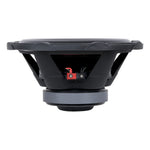 Car subwoofer rear with mounting cutout and wiring terminals with red caps.