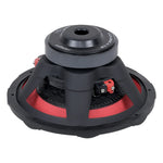Black car subwoofer with central mounting cap and red-accented connector area.