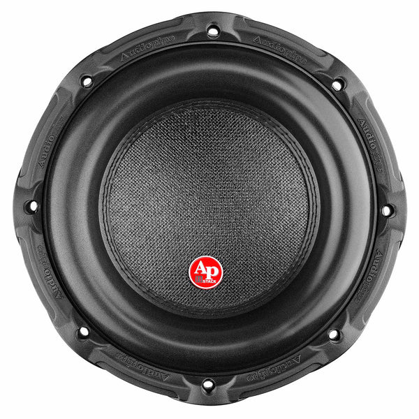 10-inch subwoofer driver with centered black mesh cone and red AP logo