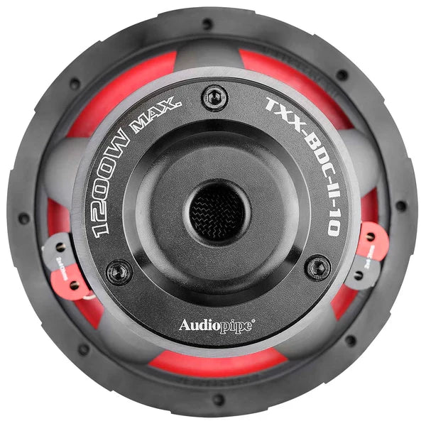 Audiopipe 10-inch subwoofer with TXx-BDC-II markings, black cone, and red surround