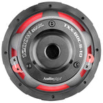 Audiopipe 10-inch subwoofer with TXx-BDC-II markings, black cone, and red surround