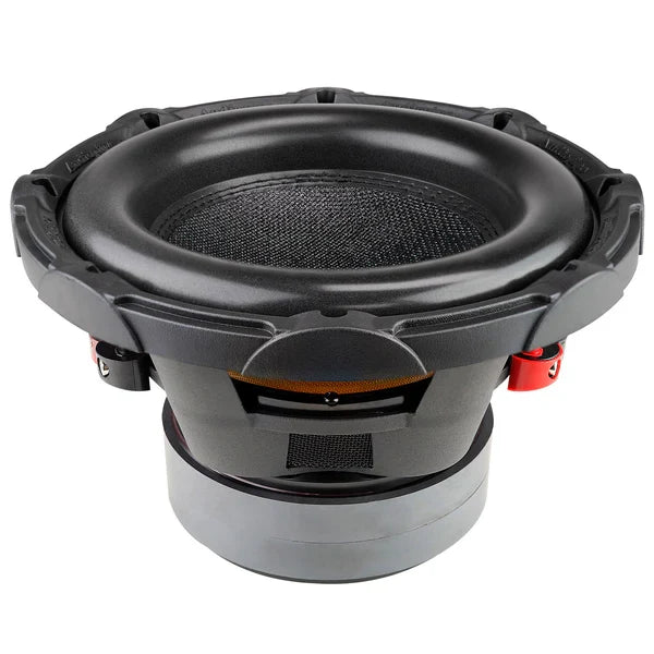 10-inch subwoofer driver underside view with black basket and orange trim ring