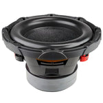 10-inch subwoofer driver underside view with black basket and orange trim ring