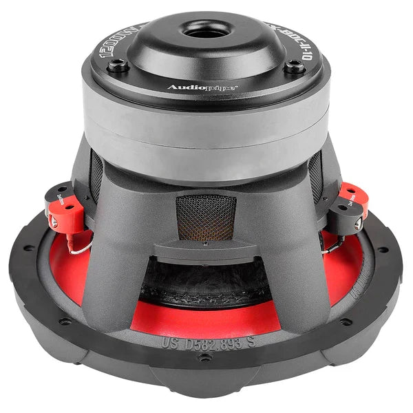 10-inch subwoofer with exposed terminals and red mounting clips on gray frame
