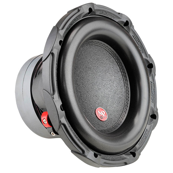10-inch car subwoofer with black mesh speaker cone and gray metal frame