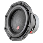 10-inch subwoofer driver with side view of gray basket and black mesh cone