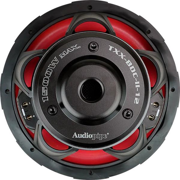 Audiopipe 12-inch subwoofer with red surround, black dust cap, and TX-BDC-II12 badge